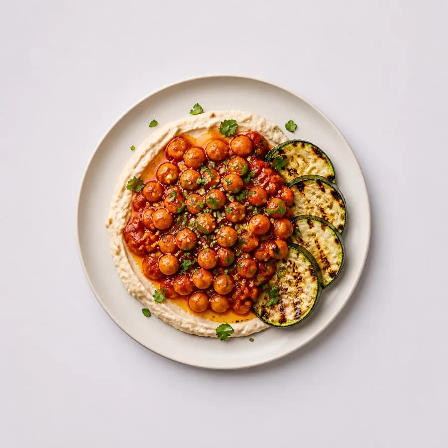 Kichererbsen mit Harissa, auf einem Teller angerichtet